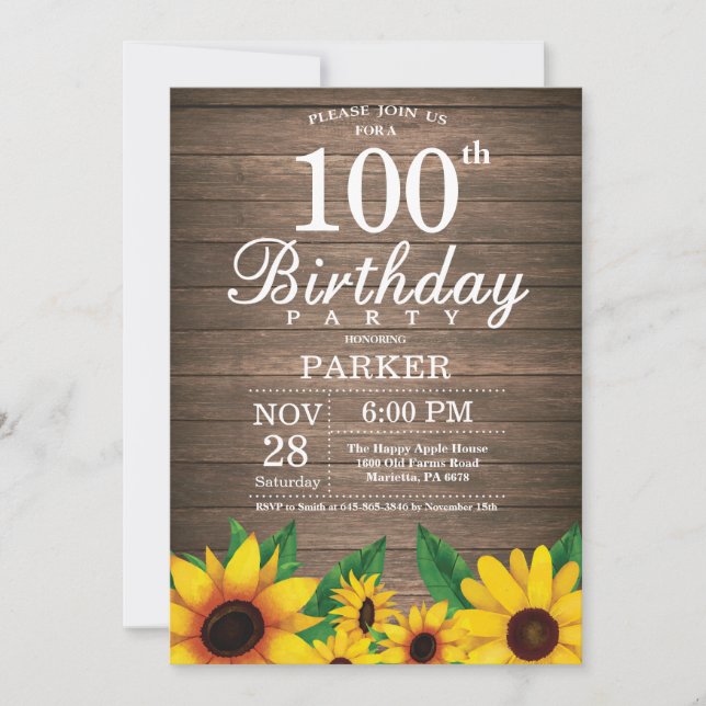 Rustic Sunflower 100th Birthday Invitation (Front)