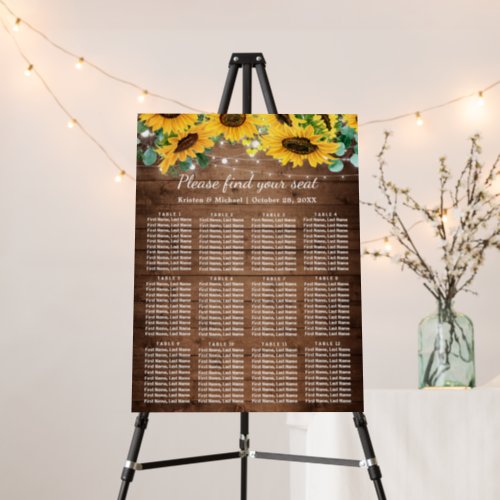 Rustic Sunflower 12 Tables Wedding Seating Chart Foam Board - Rustic Sunflower String Lights 12 tables Wedding Seating Chart Foam Board. 
(1) The default size is 18 x 24 inches, you can change it to other size.  
(2) For further customization, please click the "customize further" link and use our design tool to modify this template.