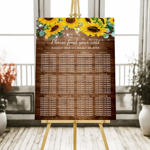 Rustic Sunflower 12 Tables Wedding Seating Chart Foam Board