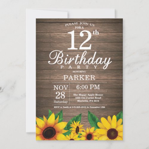 Rustic Sunflower 12th Birthday Invitation