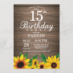 Rustic Sunflower 15th Birthday Invitation