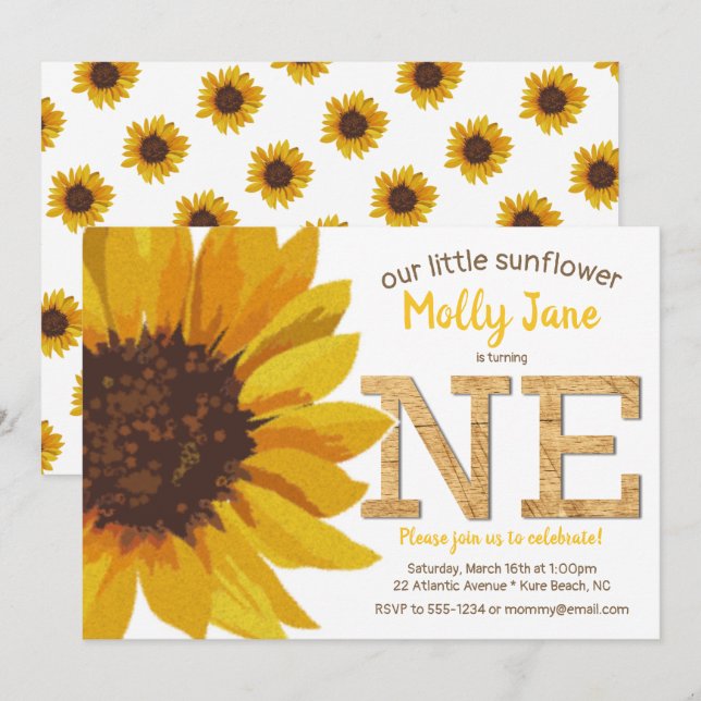 Rustic Sunflower 1st Birthday Girl Invitation (Front/Back)