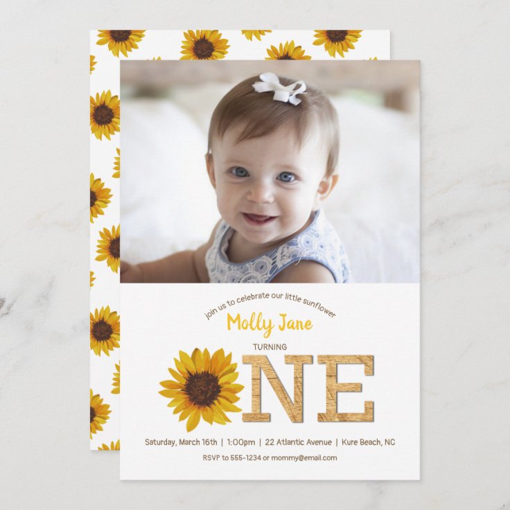 Rustic Sunflower 1st Birthday Girl Photo Invitation | Zazzle