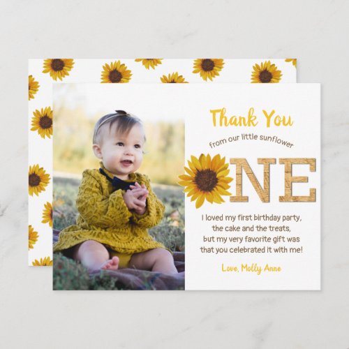 Rustic Sunflower 1st Birthday Girl Thank You Card