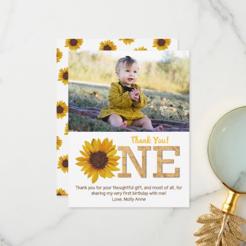 Rustic Sunflower 1st Birthday Girl Thank You Card