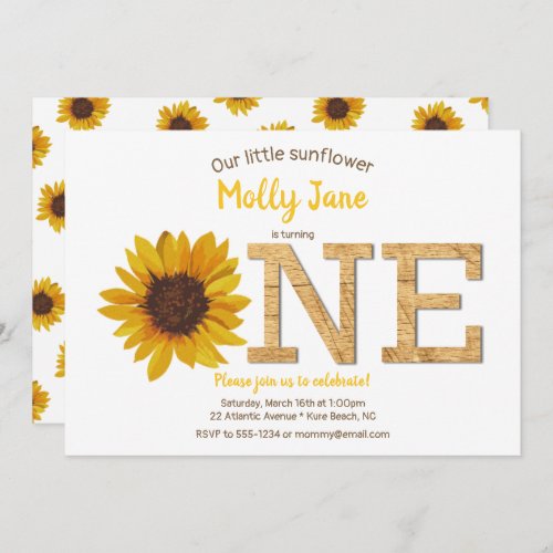 Rustic Sunflower 1st Birthday Girl Watercolor Invitation