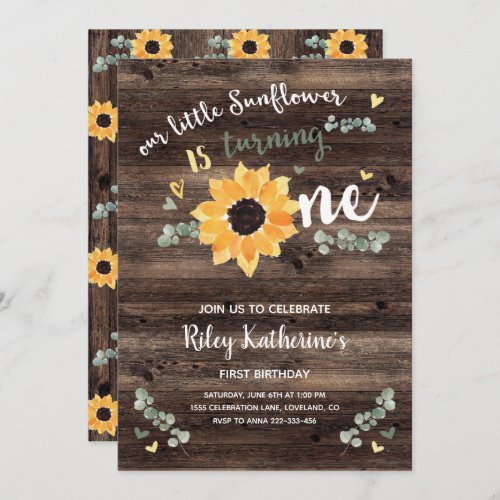 Rustic Sunflower 1st Birthday Invitation