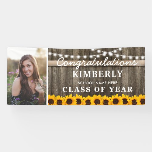 Rustic Sunflower 2022 Graduation Photo Banner - Rustic graduation party banner featuring a country barn oak barrel background, a photo of the graduate, twinkle string lights, summer sunflowers, a text template for you to personalize. You will find matching items further down the page, if however you can't find what you looking for please contact me.