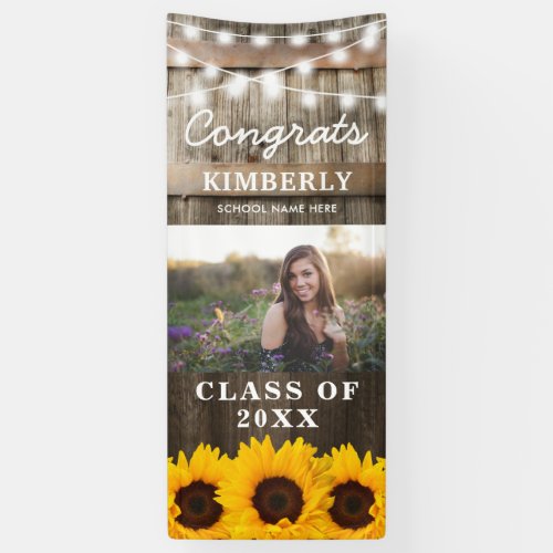 Rustic Sunflower 2022 Graduation Photo Door Banner - Rustic graduation party door banner featuring a country barn oak barrel background, a photo of the graduate, twinkle string lights, summer sunflowers, a text template for you to personalize. You will find matching items further down the page, if however you can't find what you looking for please contact me.