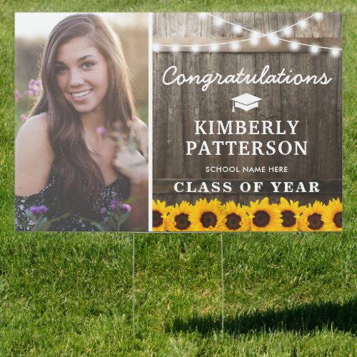 Rustic Sunflower 2022 Graduation Photo Sign - Rustic graduation yard sign featuring a country barn oak barrel background, a photo of the graduate, twinkle string lights, summer sunflowers, a text template for you to personalize. You will find matching items further down the page, if however you can't find what you looking for please contact me.