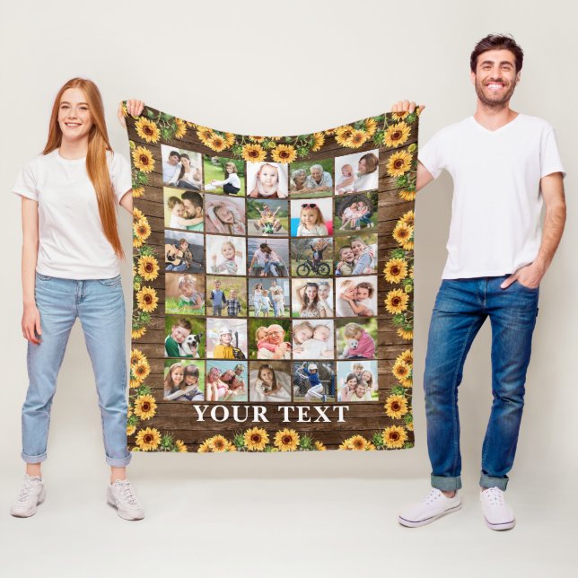 Rustic Sunflower 30 Photo Collage Personalized Fleece Blanket (In Situ)