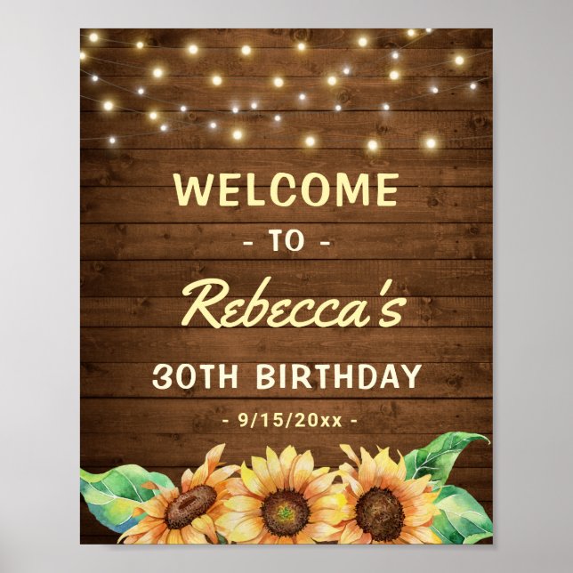 Rustic Sunflower 30th 40th Birthday Party Welcome Poster (Front)