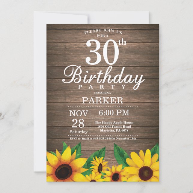 Rustic Sunflower 30th Birthday Invitation (Front)