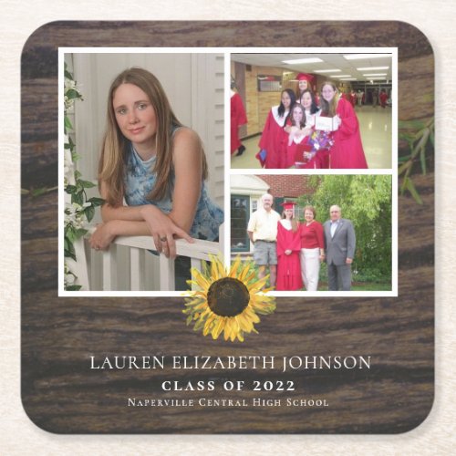 Rustic Sunflower 3 Photo Collage Graduation Square Paper Coaster