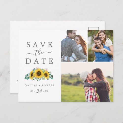 Rustic Sunflower 3 Photo Collage Save the Date Invitation Postcard