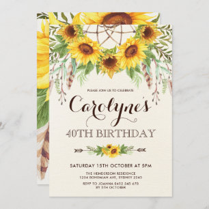 Rustic Sunflower 40th Birthday Boho Yellow Floral Invitation