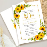 Rustic Sunflower 40th Birthday Party Invitation<br><div class="desc">Pretty yellow sunflower floral 40th birthday party invitation. Yellow peonies and white daisies mingle with the sunflowers. A rectangular gold frame gives it an elegant vibe. 40th Birthday Celebration and the celebrant's name are written in gold. Very easy to customize. That back is white with a sunflower bouquet. This is...</div>