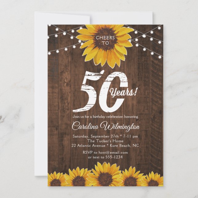Rustic Sunflower 50th Birthday String Lights Invitation (Front)