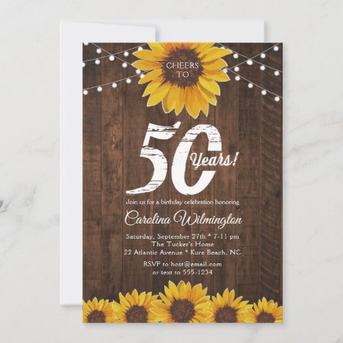 Rustic Sunflower 50th Birthday String Lights Invitation