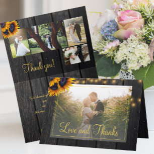 Rustic sunflower 5 photo collage wedding thank you card
