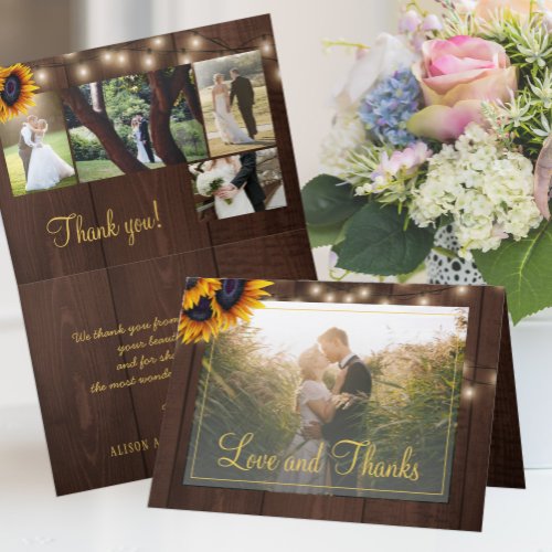 Rustic sunflower 5 photo collage wedding thank you card