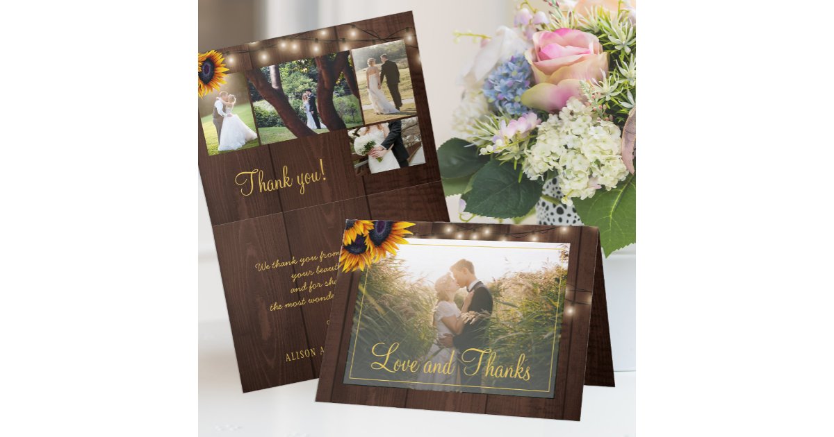 Rustic sunflower 5 photo collage wedding thank you card | Zazzle