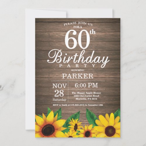 Rustic Sunflower 60th Birthday Invitation