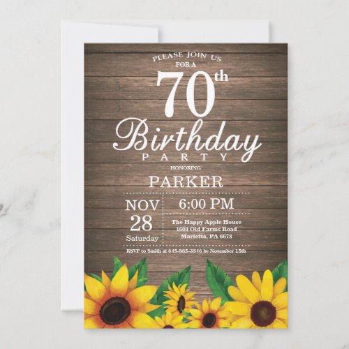 Rustic Sunflower 70th Birthday Invitation