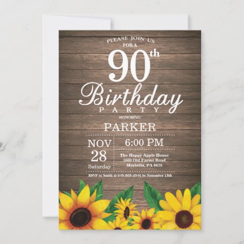 Rustic Sunflower 90th Birthday Invitation