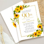 Rustic Sunflower 90th Birthday Party Invitation<br><div class="desc">Pretty yellow sunflower floral 90th birthday card. Yellow peonies and white daisies mingle with the sunflowers. A rectangular gold frame gives it an elegant vibe. 90th Birthday Celebration and the celebrant's name are written in gold. Very easy to customize. That back is white with a sunflower bouquet. This is a...</div>