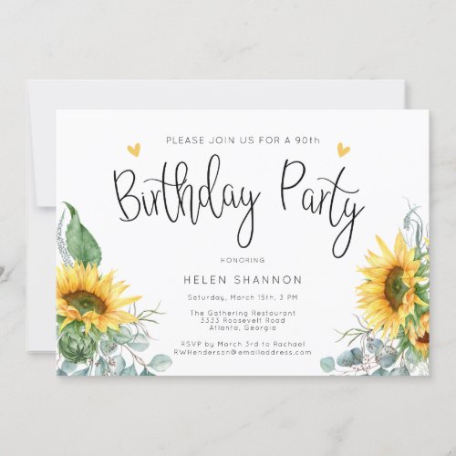 Rustic Sunflower 90th Birthday Party Invitation