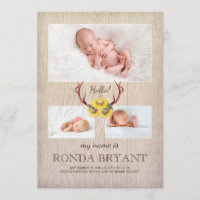 Rustic Sunflower and Antlers Wood Baby Photo Birth Announcement