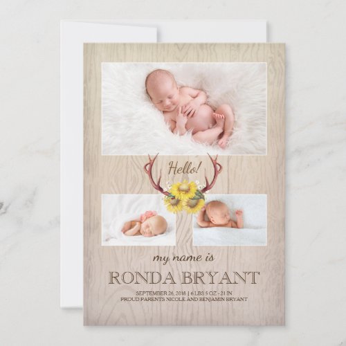 Rustic Sunflower and Antlers Wood Baby Photo Birth Announcement - Rustic barn wood photo baby birth announcement with the cute sunflowers and trendy, bohemian deer antlers