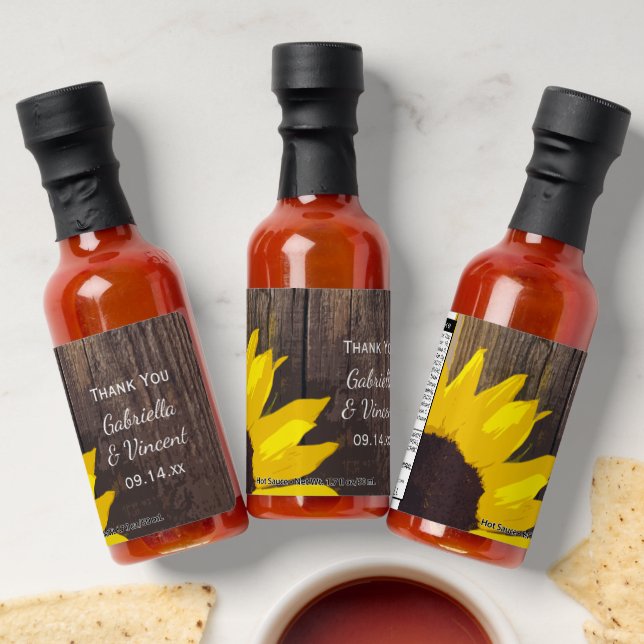 Rustic Sunflower and Barn Wood Wedding Favor Hot Sauces (Laydown)