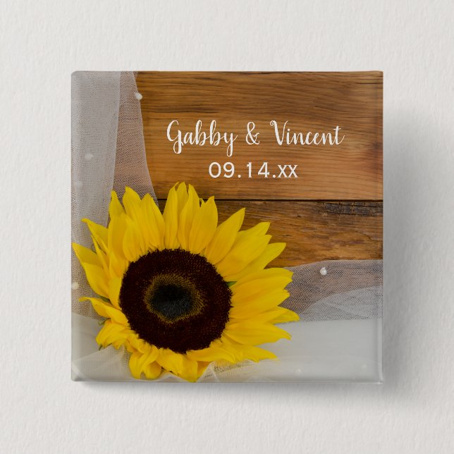 Rustic Sunflower and Bridal Veil Country Wedding Pinback Button (Front)