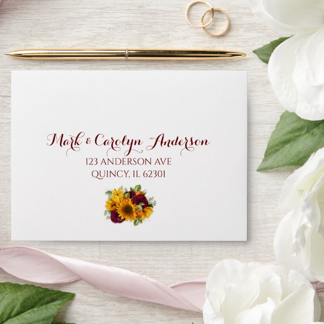 Rustic Sunflower and Burgundy Roses Envelopes (Wedding)