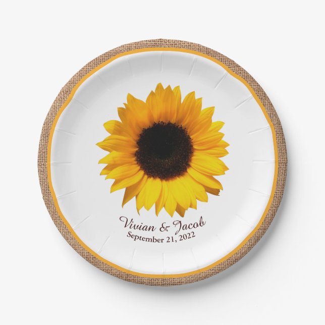 Rustic Sunflower and Burlap Wedding Paper Plates (Front)