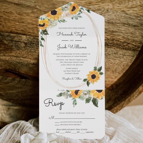 Rustic Sunflower and Greenery with RSVP Wedding All In One Invitation