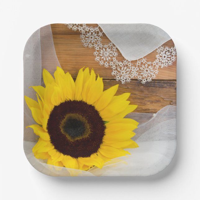 Rustic Sunflower and Lace Country Wedding Paper Plates (Front)