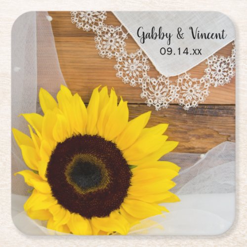 Rustic Sunflower and Lace Country Wedding Square Paper Coaster