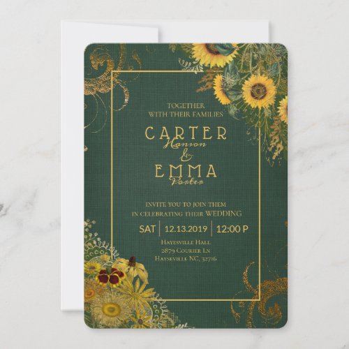 Rustic Sunflower and Lace Green Country Wedding Invitation