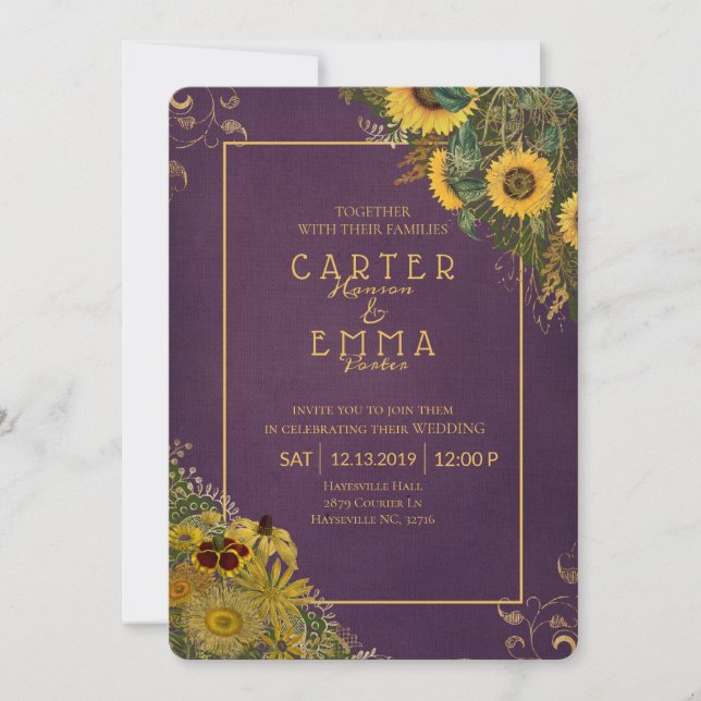 Rustic Sunflower and Lace Purple Country Wedding Invitation (Front)