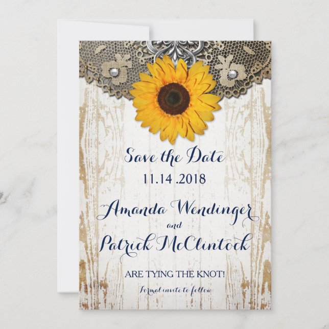 Rustic Sunflower and Lace Save the Date (Front)