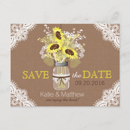 Rustic Sunflower and Lace Save the Date Announcement Postcard