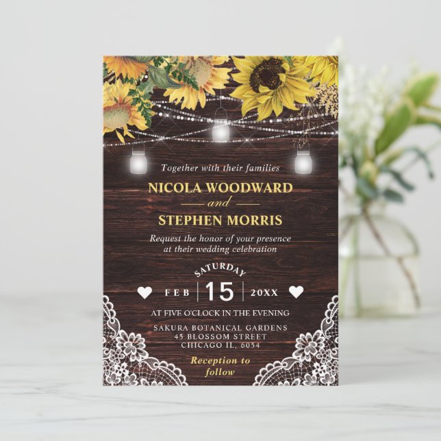 Rustic Sunflower and Mason Jar Lights Wedding Invitation (Standing Front)