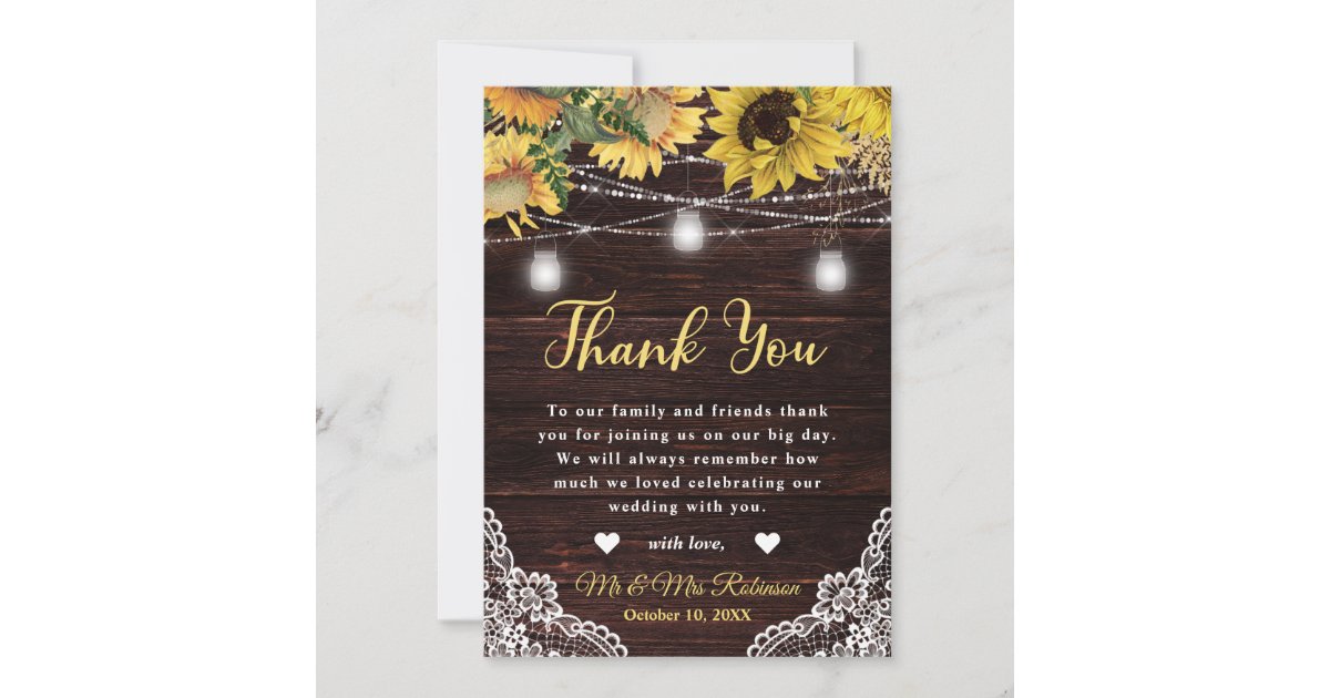 Rustic Sunflower and Mason Jar Lights Wedding Thank You Card | Zazzle