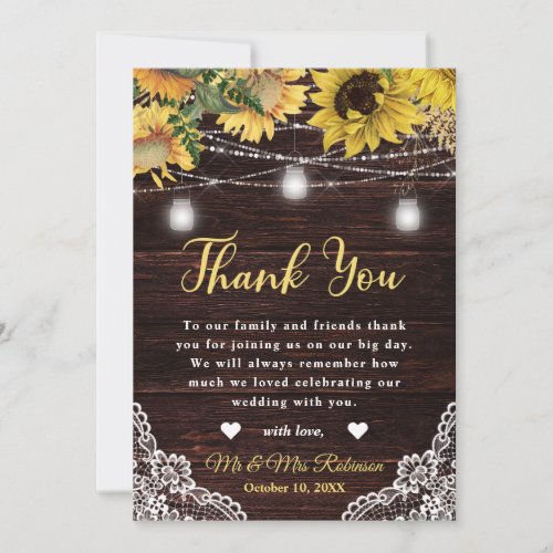 Rustic Sunflower and Mason Jar Lights Wedding Thank You Card
