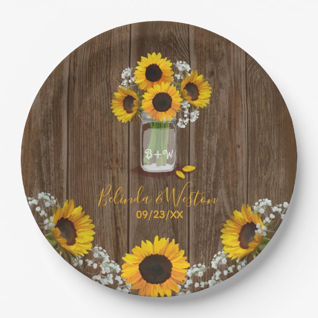 Rustic Sunflower and Mason Jar Wedding Paper Plate (Front)