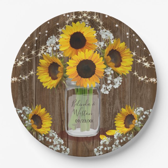 Rustic Sunflower and Mason Jar Wedding Paper Plates (Front)