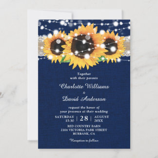 Rustic Sunflower and Navy Blue Wedding Invitations